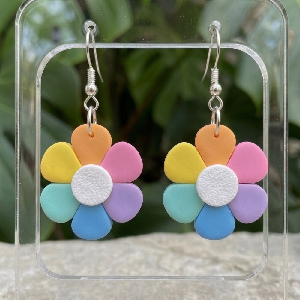 Rainbow Flower Dangle Earrings - Textured Accents - Handmade